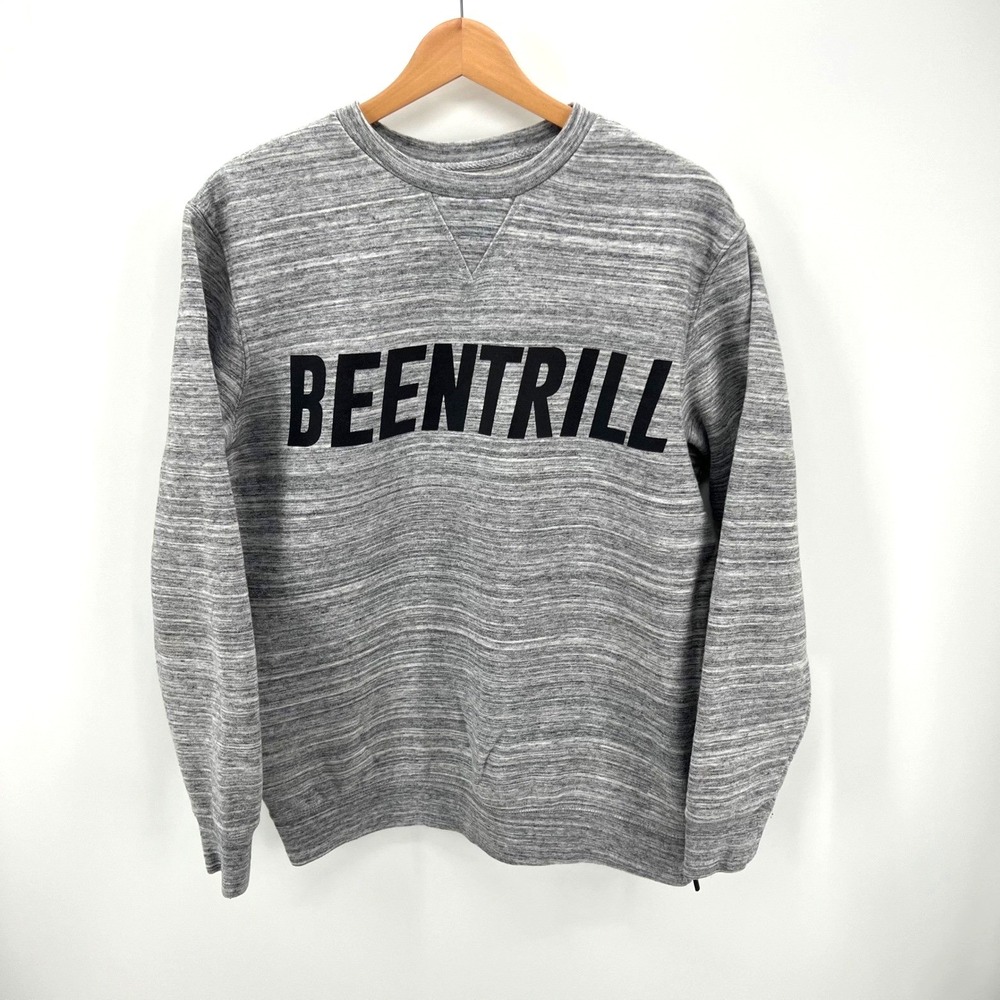 Been Trill Sweatshirt Mens S Grey Streetwear Graphic Side Zip Space Dye Pullover